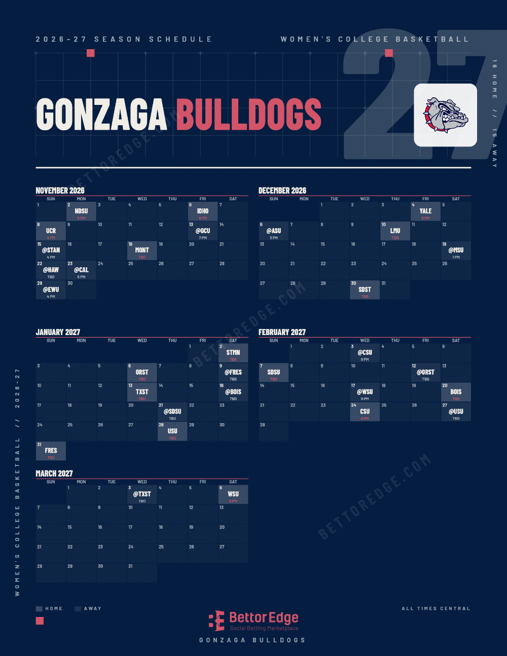 Gonzaga Bulldogs 2026-27 women's basketball schedule, free printable, every game with start times and TV