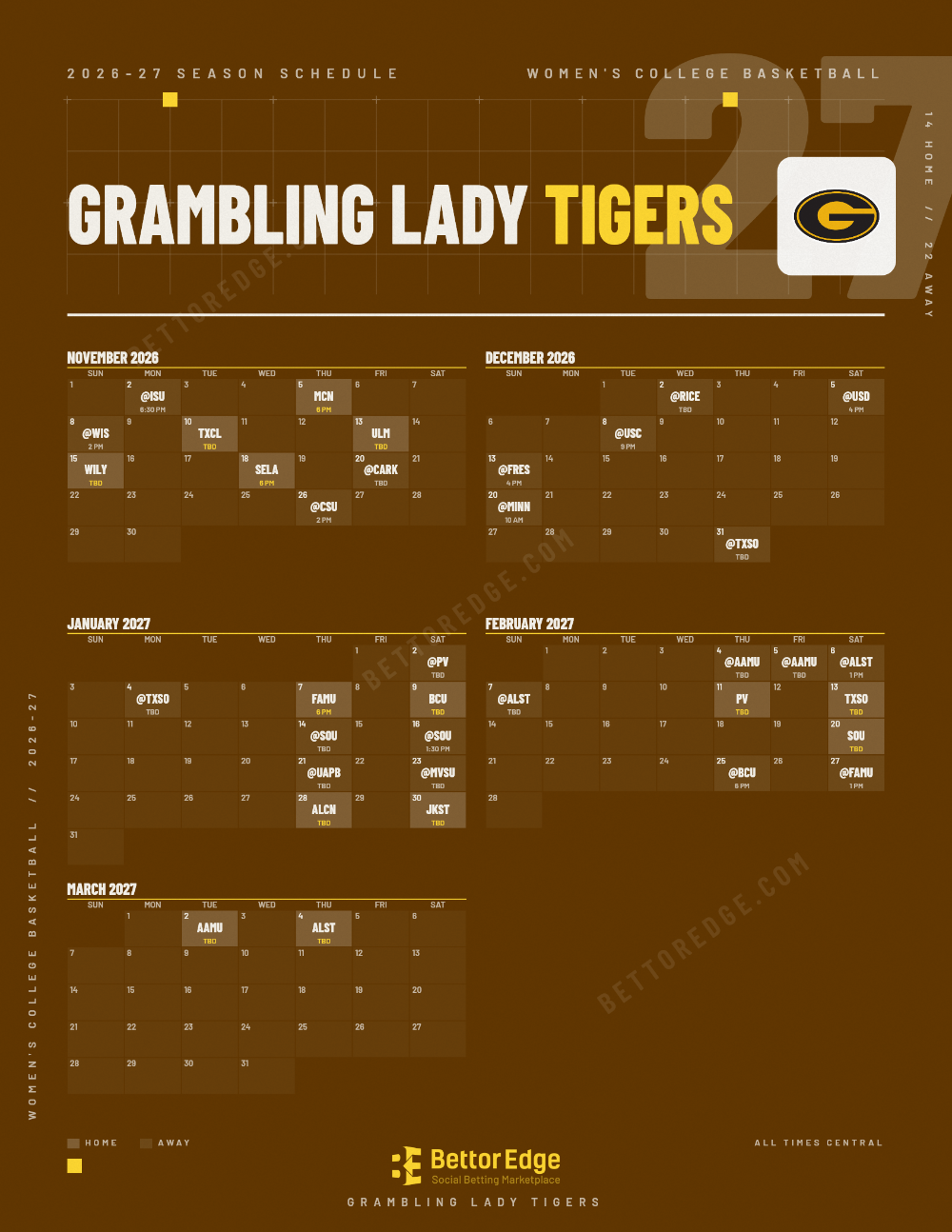 Grambling Lady Tigers 2026-27 women's basketball schedule, free printable, every game with start times and TV