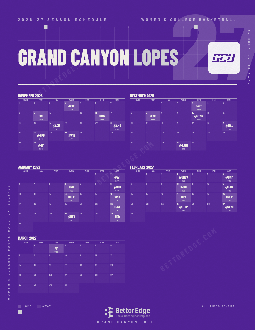 Grand Canyon Lopes 2026-27 women's basketball schedule, free printable, every game with start times and TV