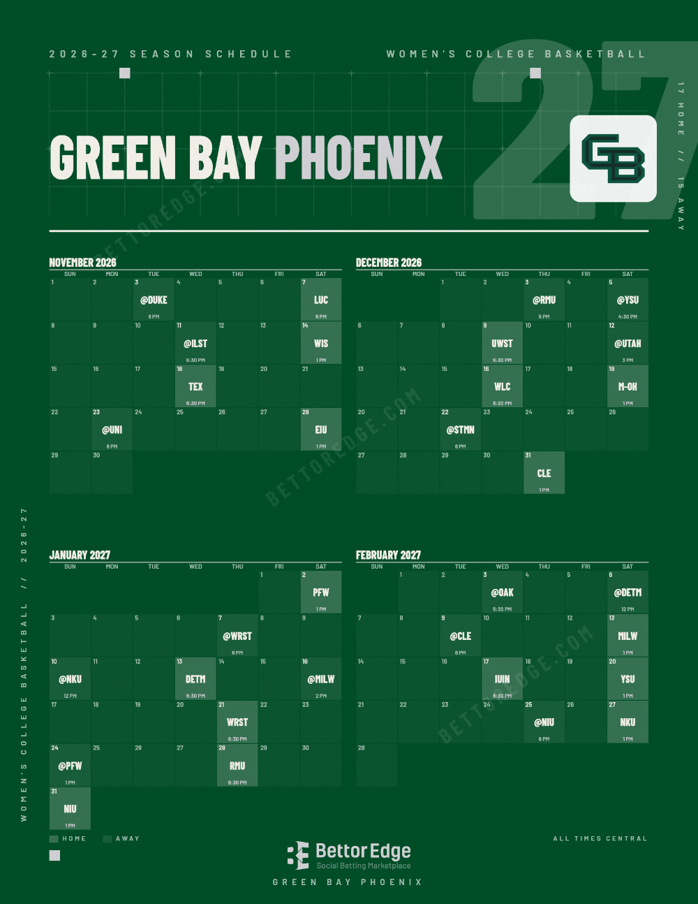 Green Bay Phoenix 2026-27 women's basketball schedule, free printable, every game with start times and TV