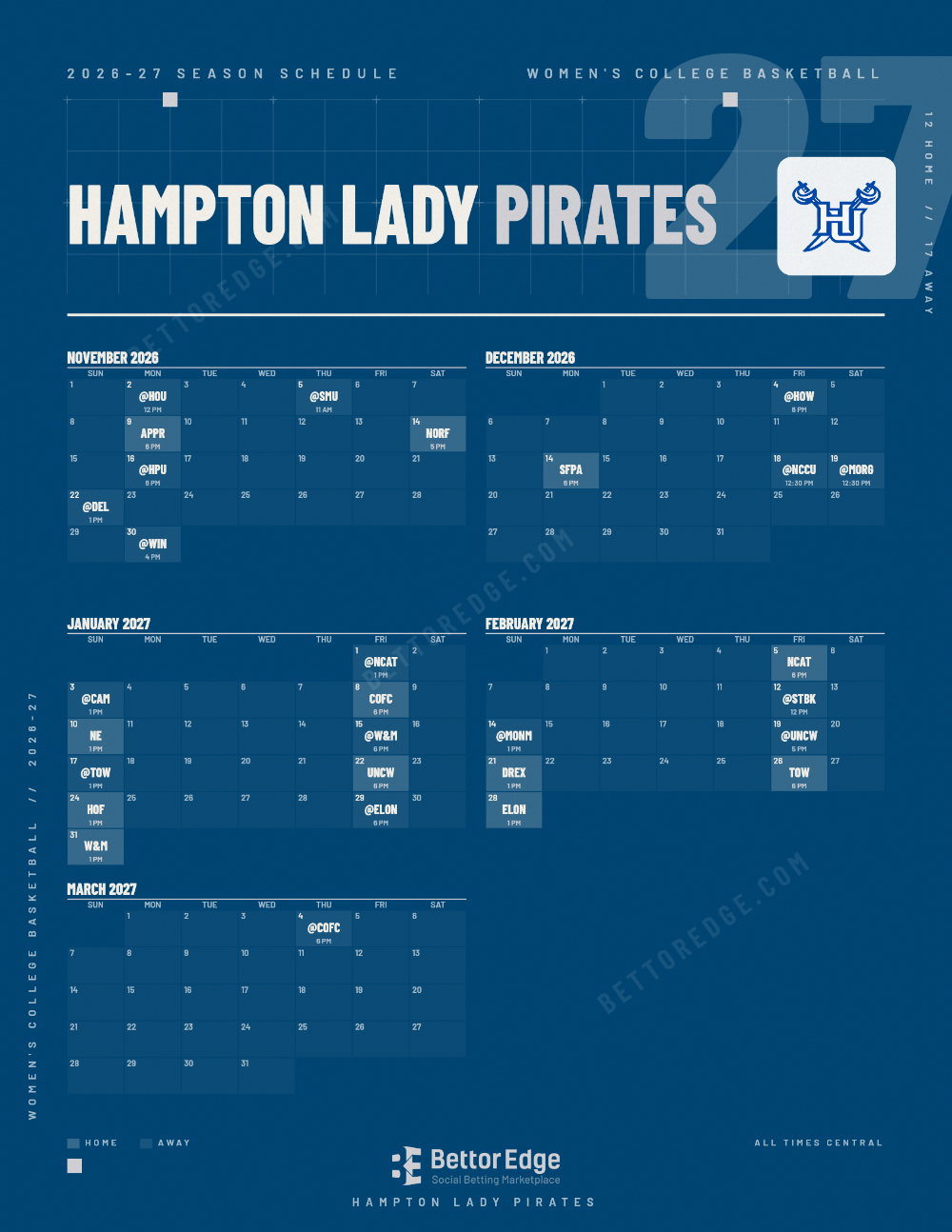 Hampton Lady Pirates 2026-27 women's basketball schedule, free printable, every game with start times and TV