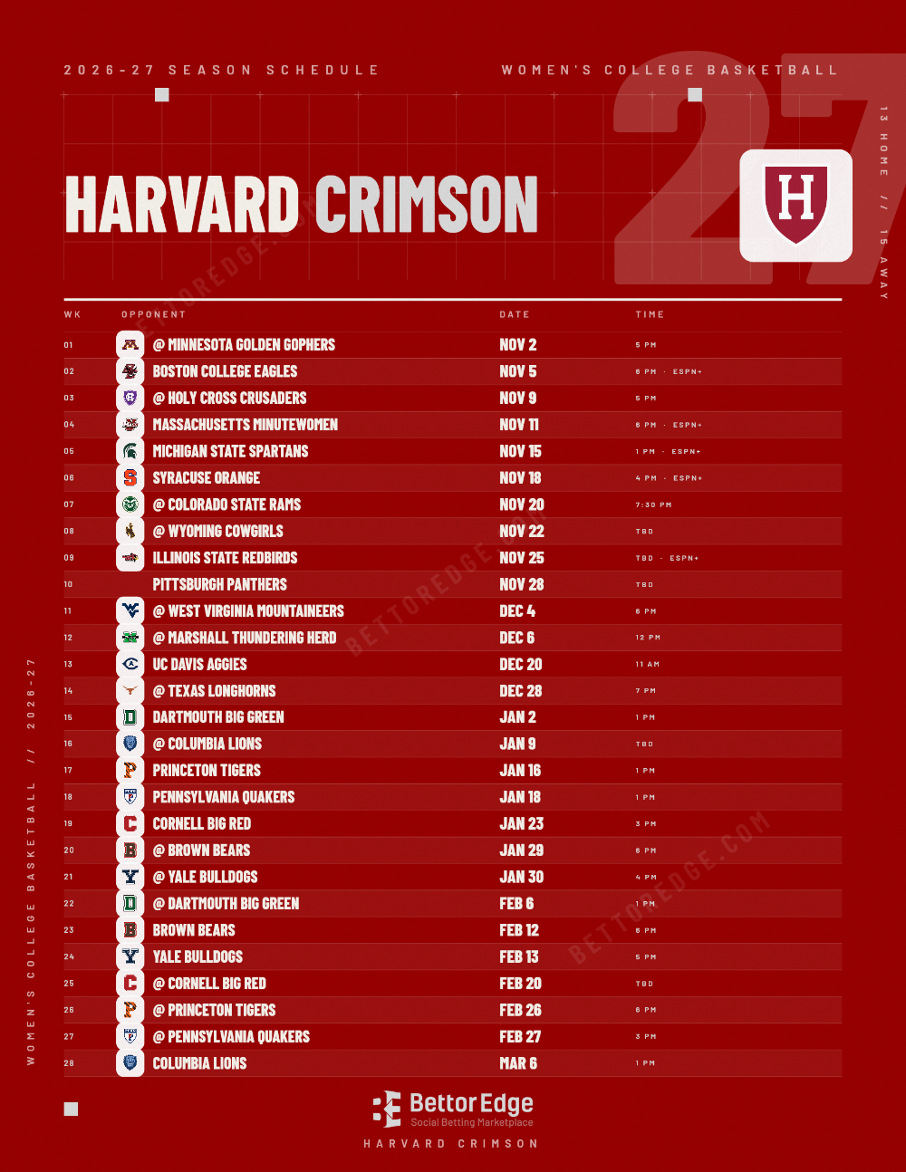 Harvard Crimson 2026-27 women's basketball schedule, free printable, every game with start times and TV