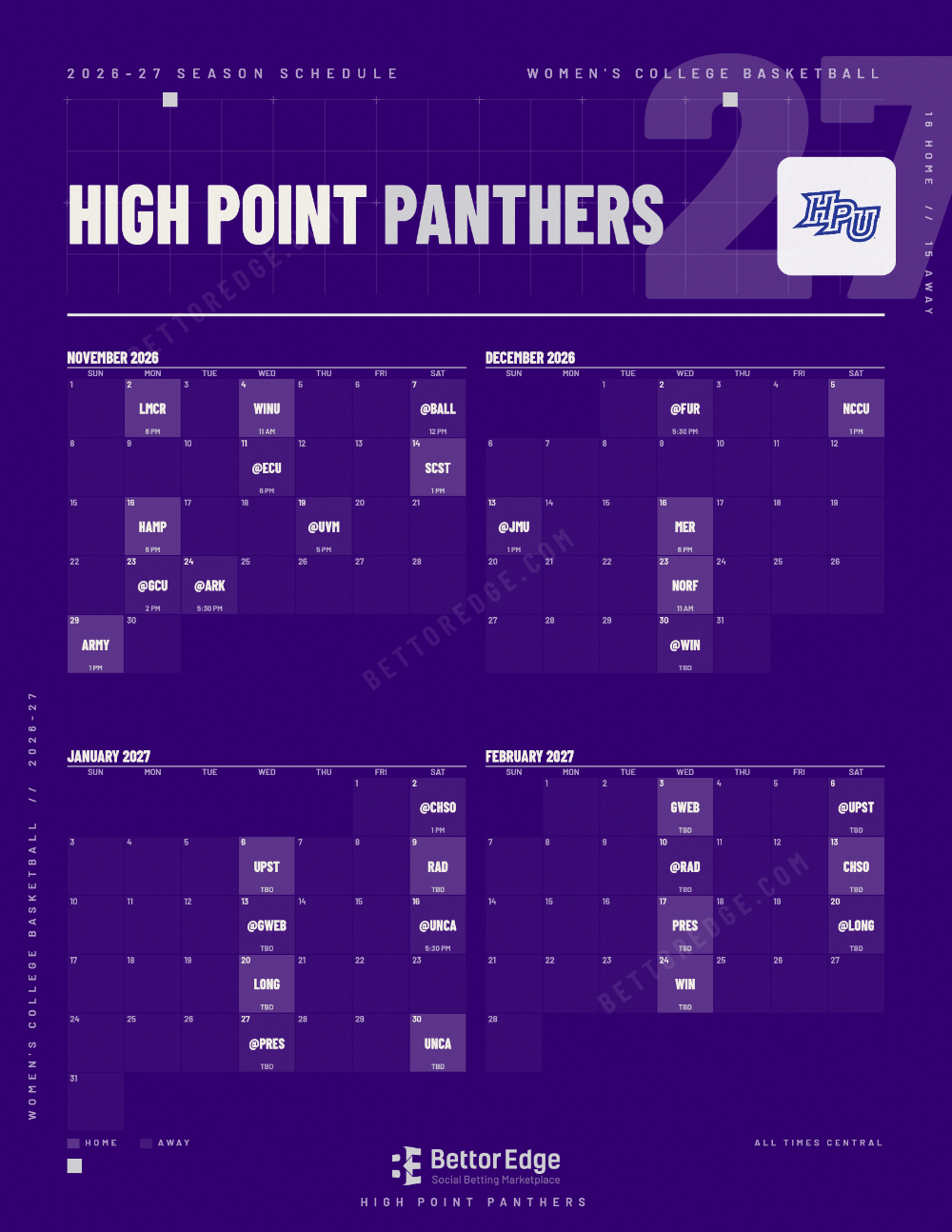 High Point Panthers 2026-27 women's basketball schedule, free printable, every game with start times and TV