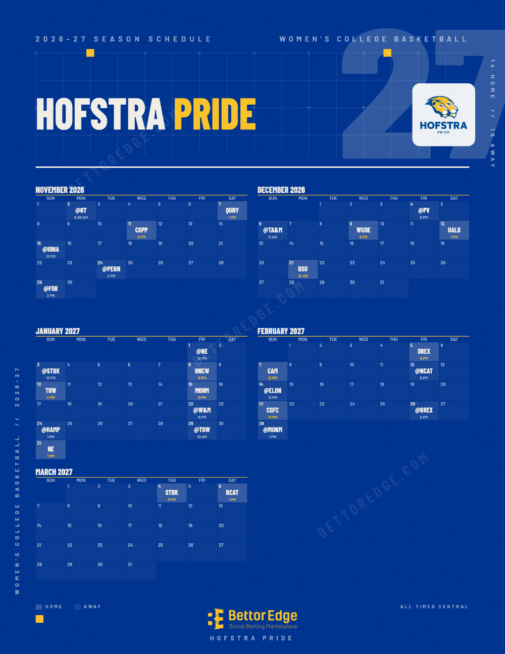 Hofstra Pride 2026-27 women's basketball schedule, free printable, every game with start times and TV