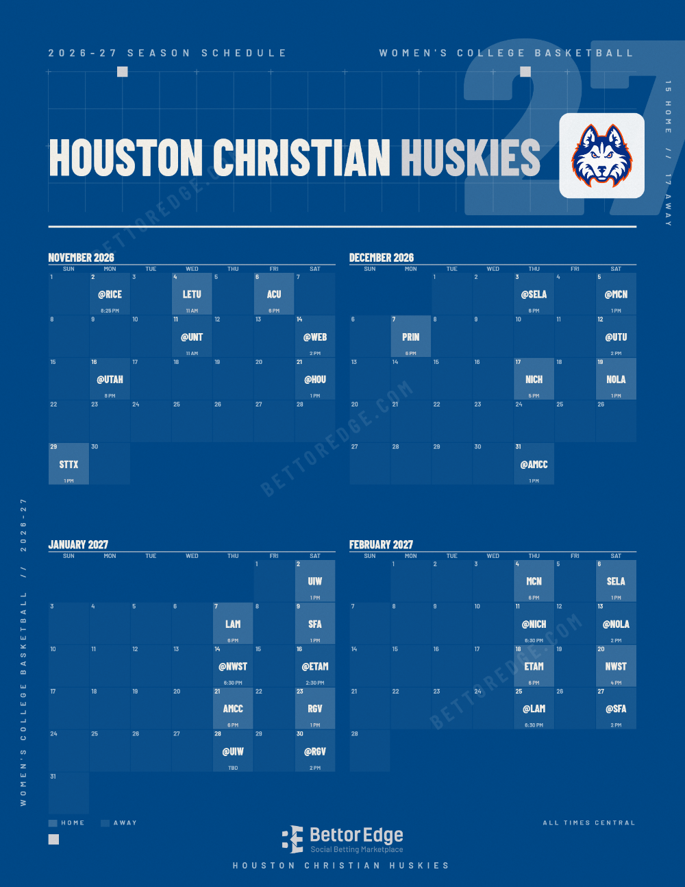 Houston Christian Huskies 2026-27 women's basketball schedule, free printable, every game with start times and TV