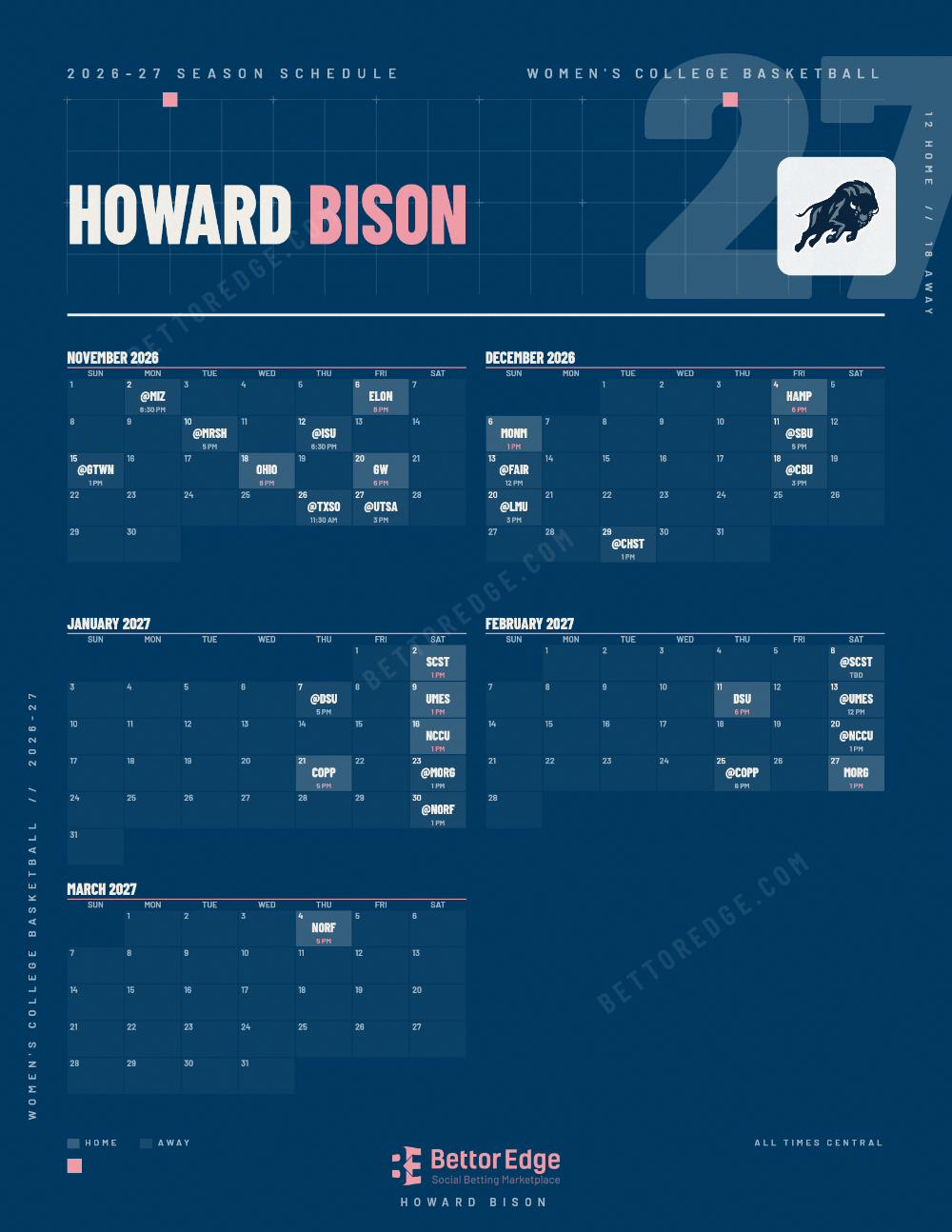 Howard Bison 2026-27 women's basketball schedule, free printable, every game with start times and TV