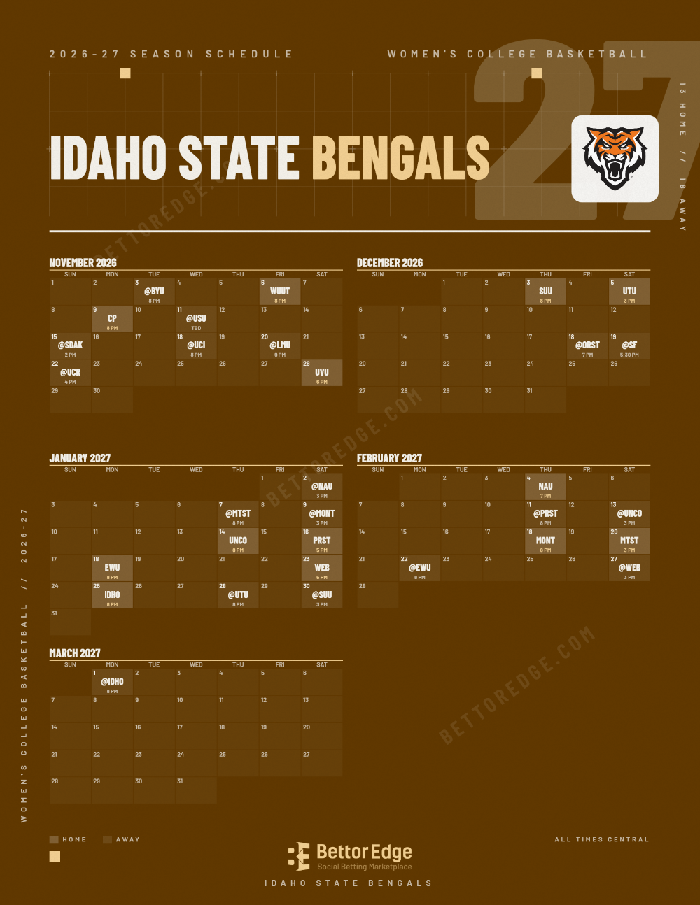 Idaho State Bengals 2026-27 women's basketball schedule, free printable, every game with start times and TV