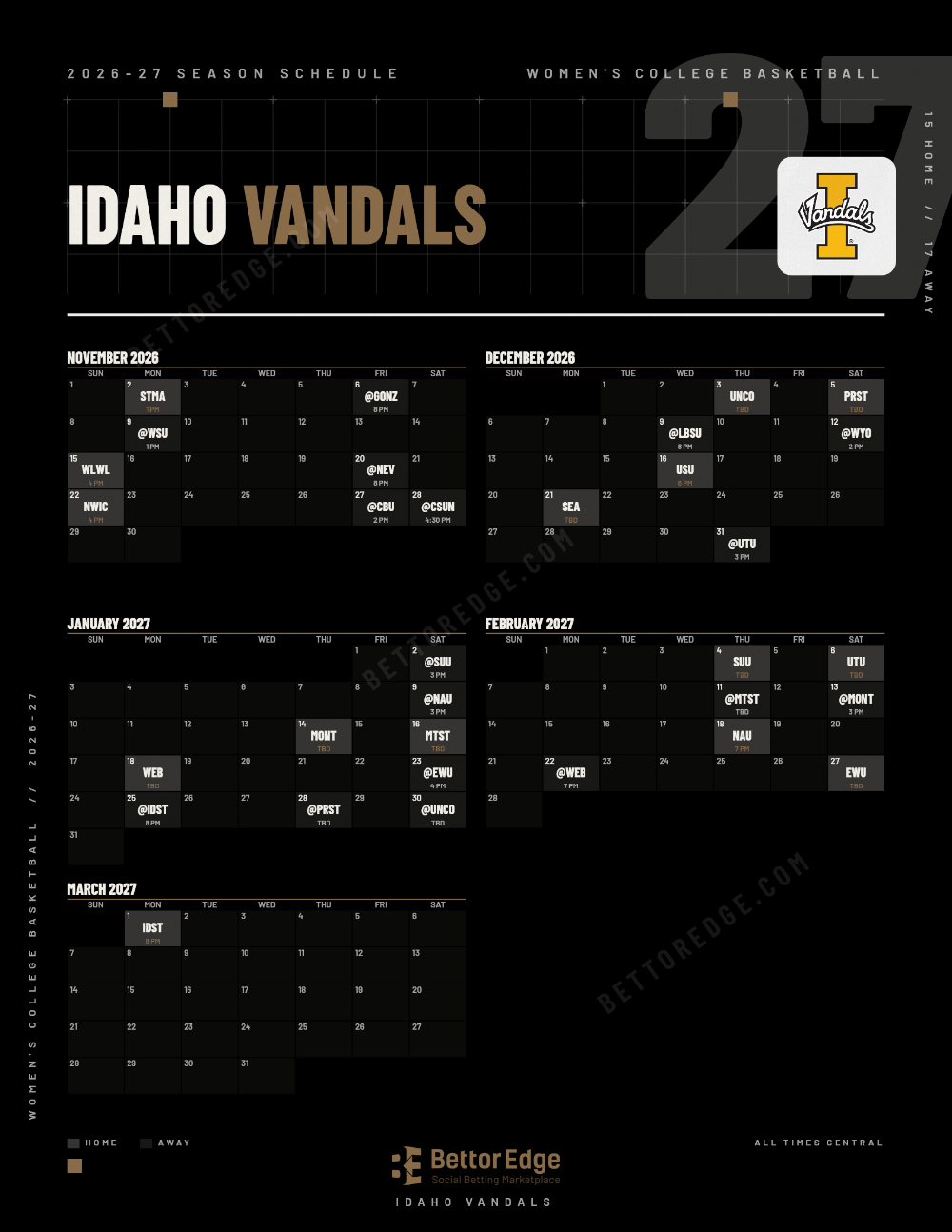 Idaho Vandals 2026-27 women's basketball schedule, free printable, every game with start times and TV