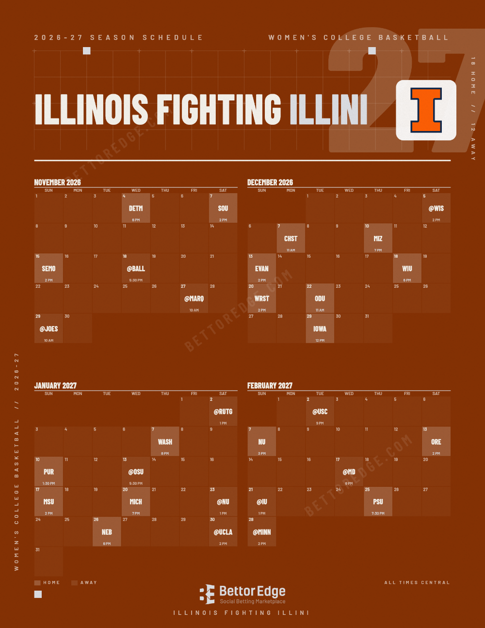 Illinois Fighting Illini 2026-27 women's basketball schedule, free printable, every game with start times and TV