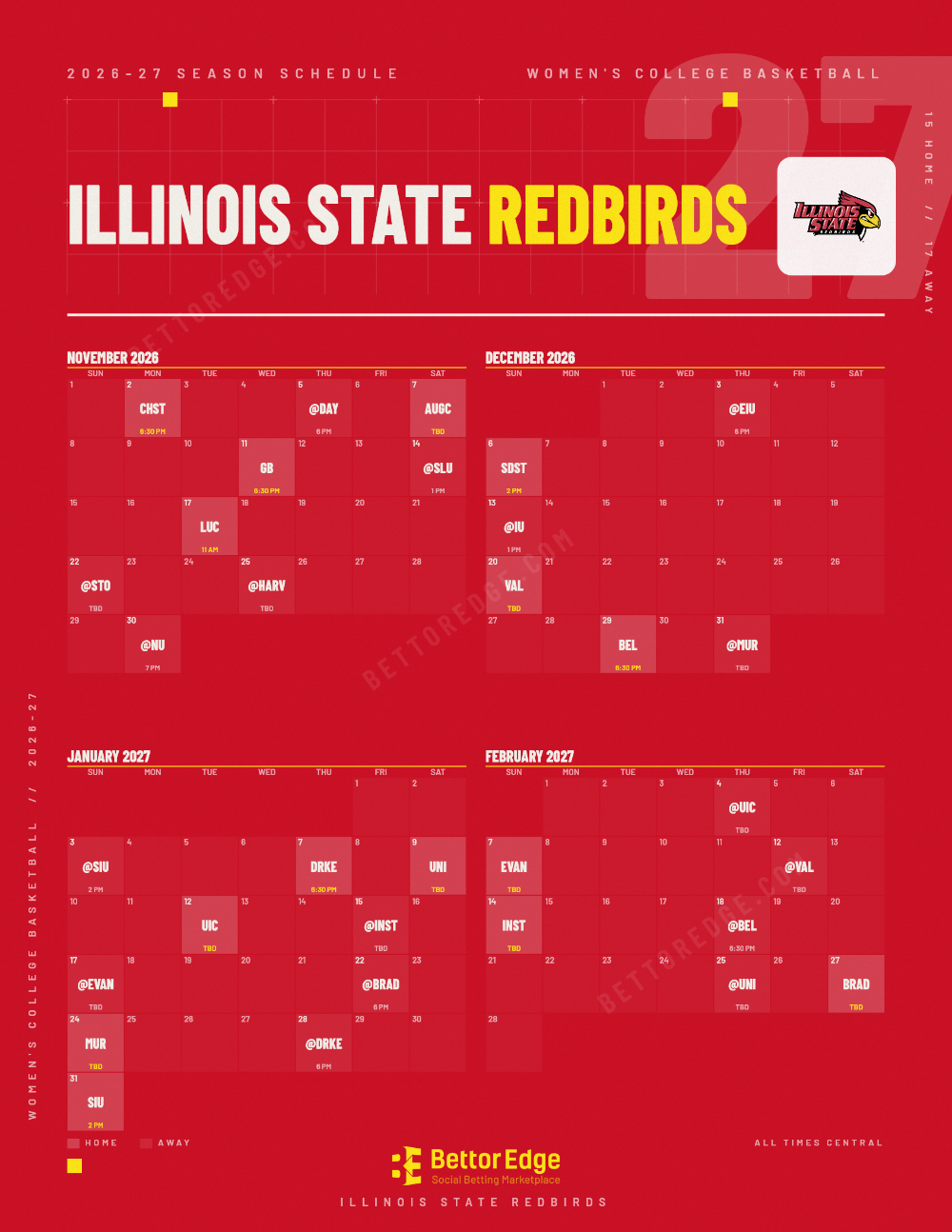 Illinois State Redbirds 2026-27 women's basketball schedule, free printable, every game with start times and TV