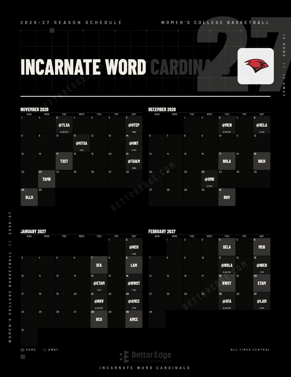 Incarnate Word Cardinals 2026-27 women's basketball schedule, free printable, every game with start times and TV