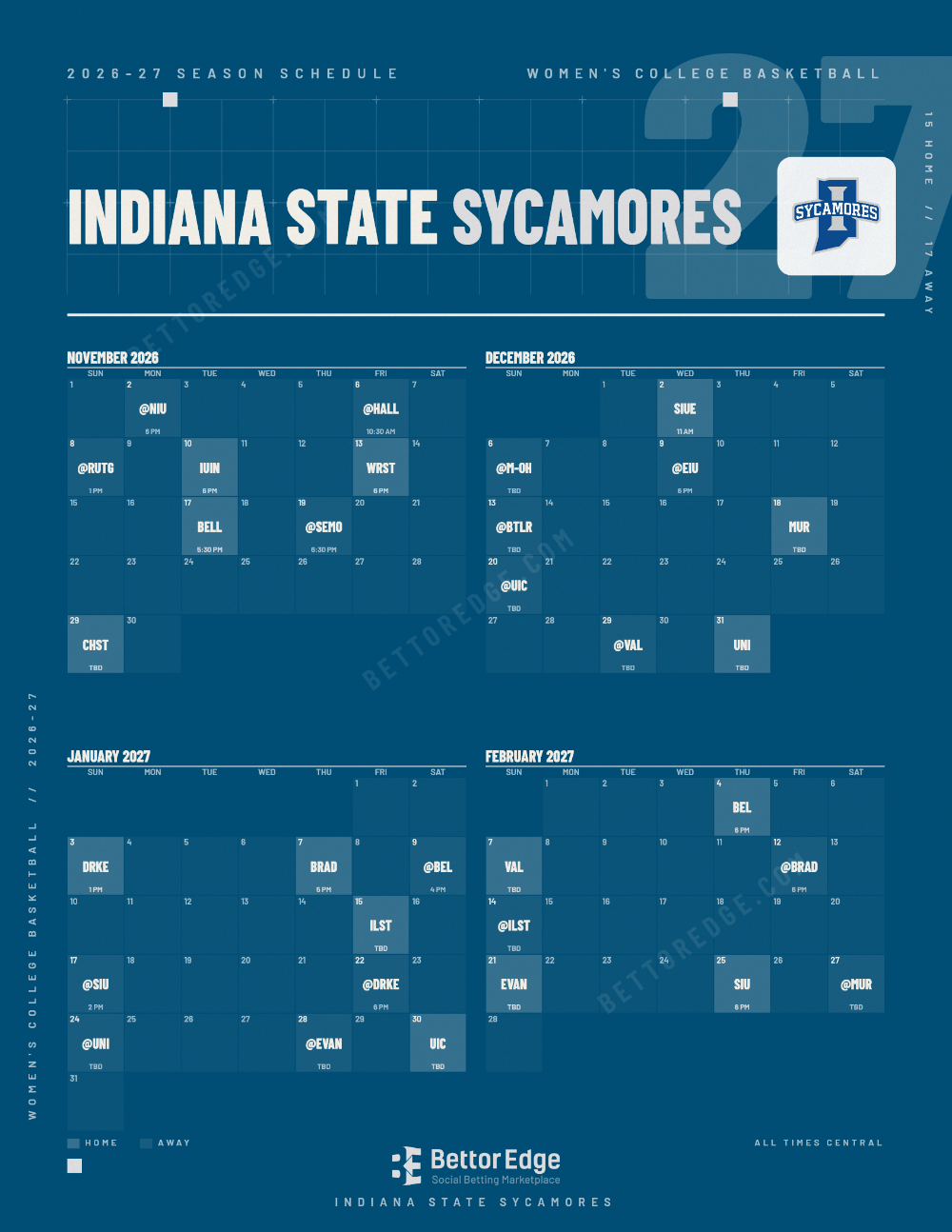 Indiana State Sycamores 2026-27 women's basketball schedule, free printable, every game with start times and TV