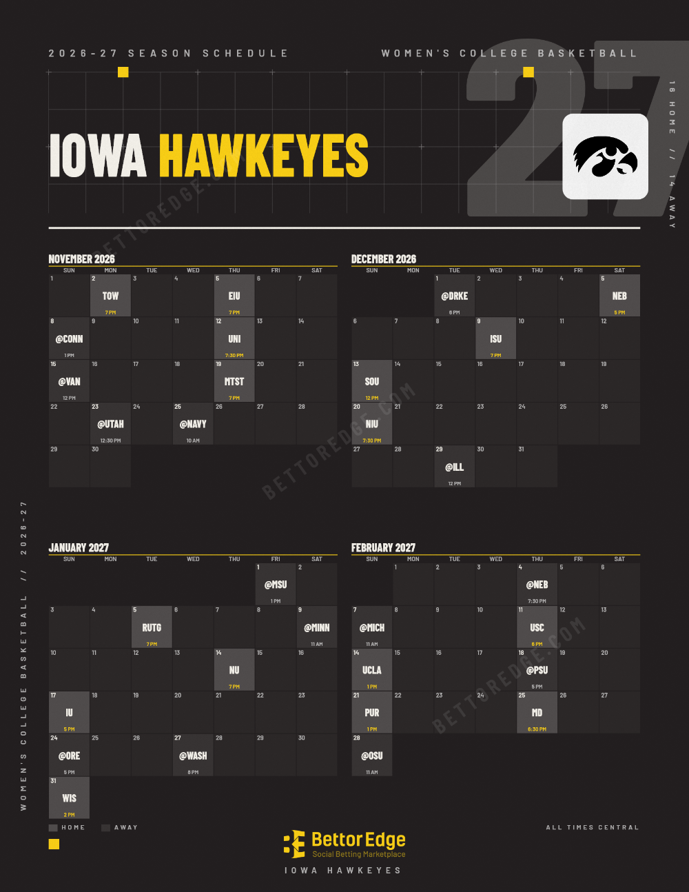 Iowa Hawkeyes 2026-27 women's basketball schedule, free printable, every game with start times and TV