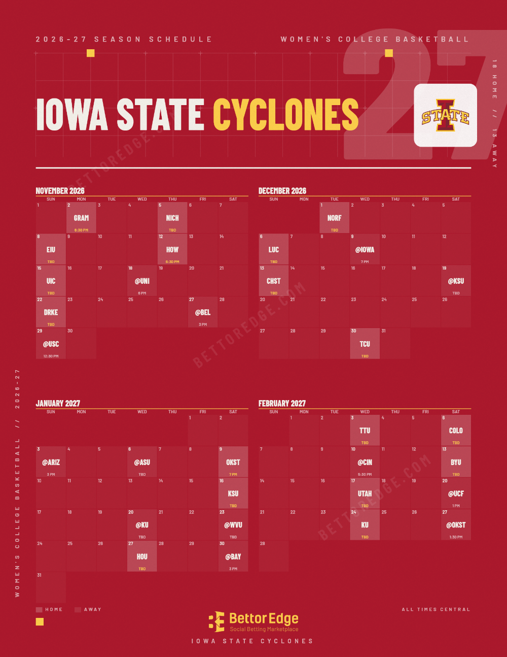 Iowa State Cyclones 2026-27 women's basketball schedule, free printable, every game with start times and TV