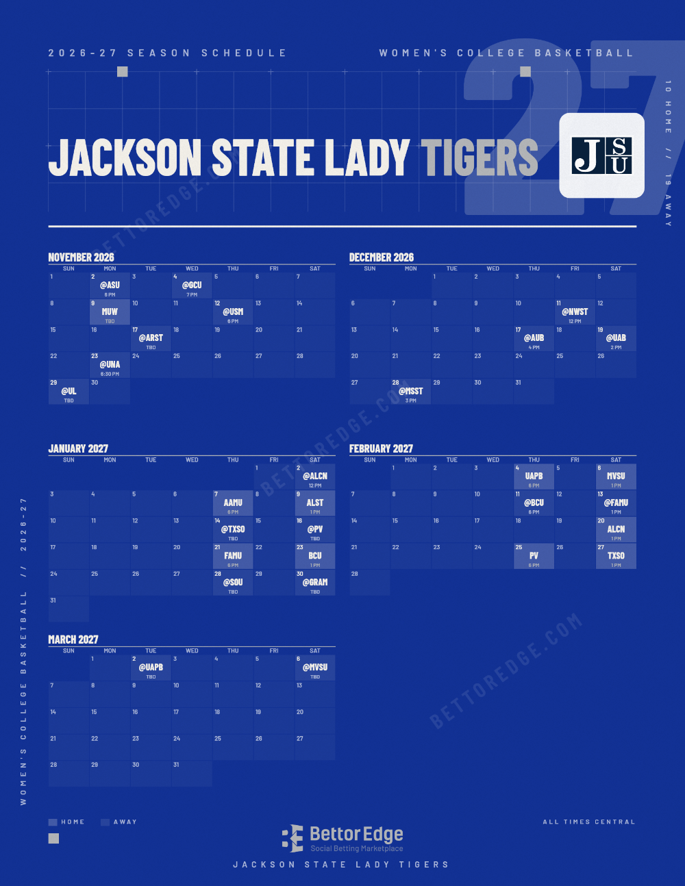 Jackson State Lady Tigers 2026-27 women's basketball schedule, free printable, every game with start times and TV