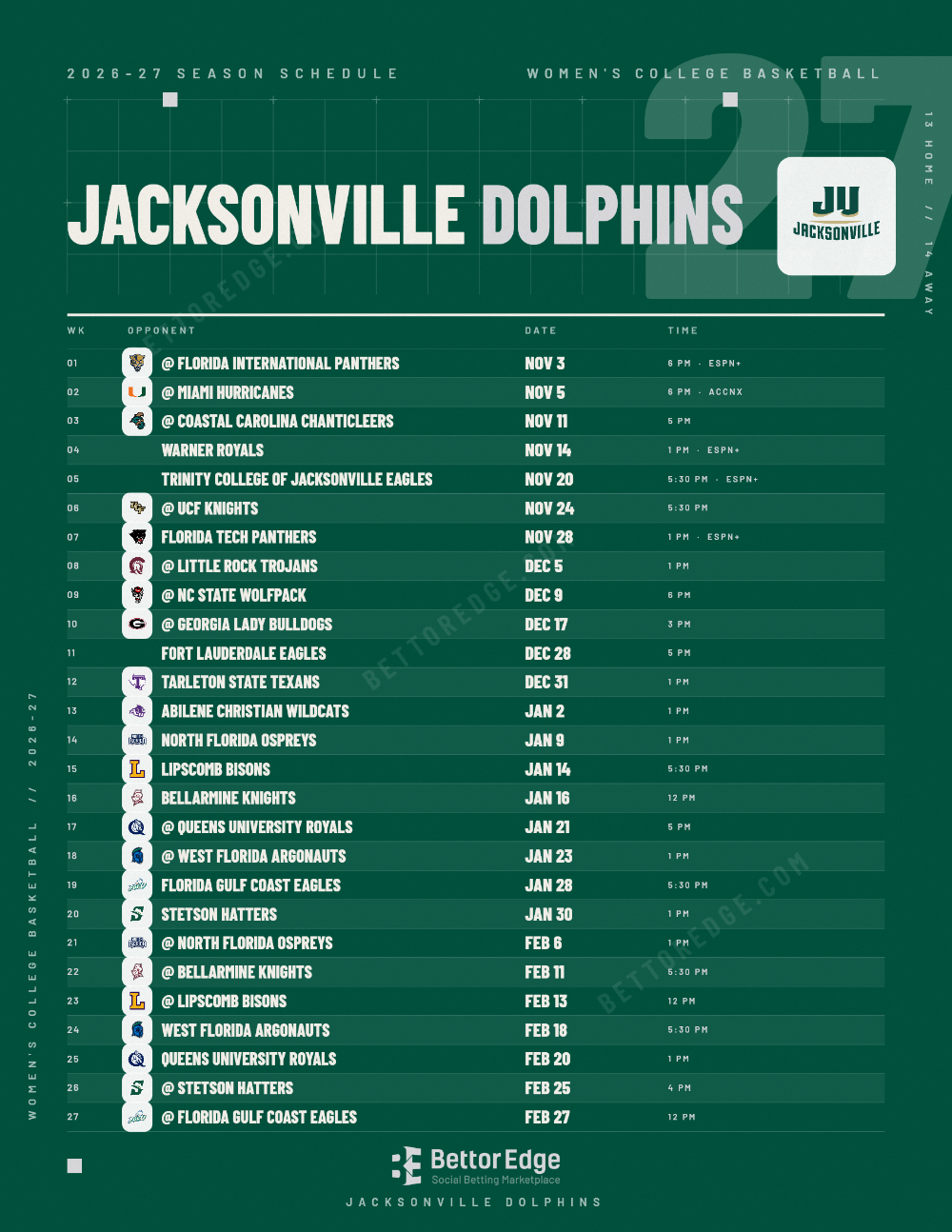 Jacksonville Dolphins 2026-27 women's basketball schedule, free printable, every game with start times and TV