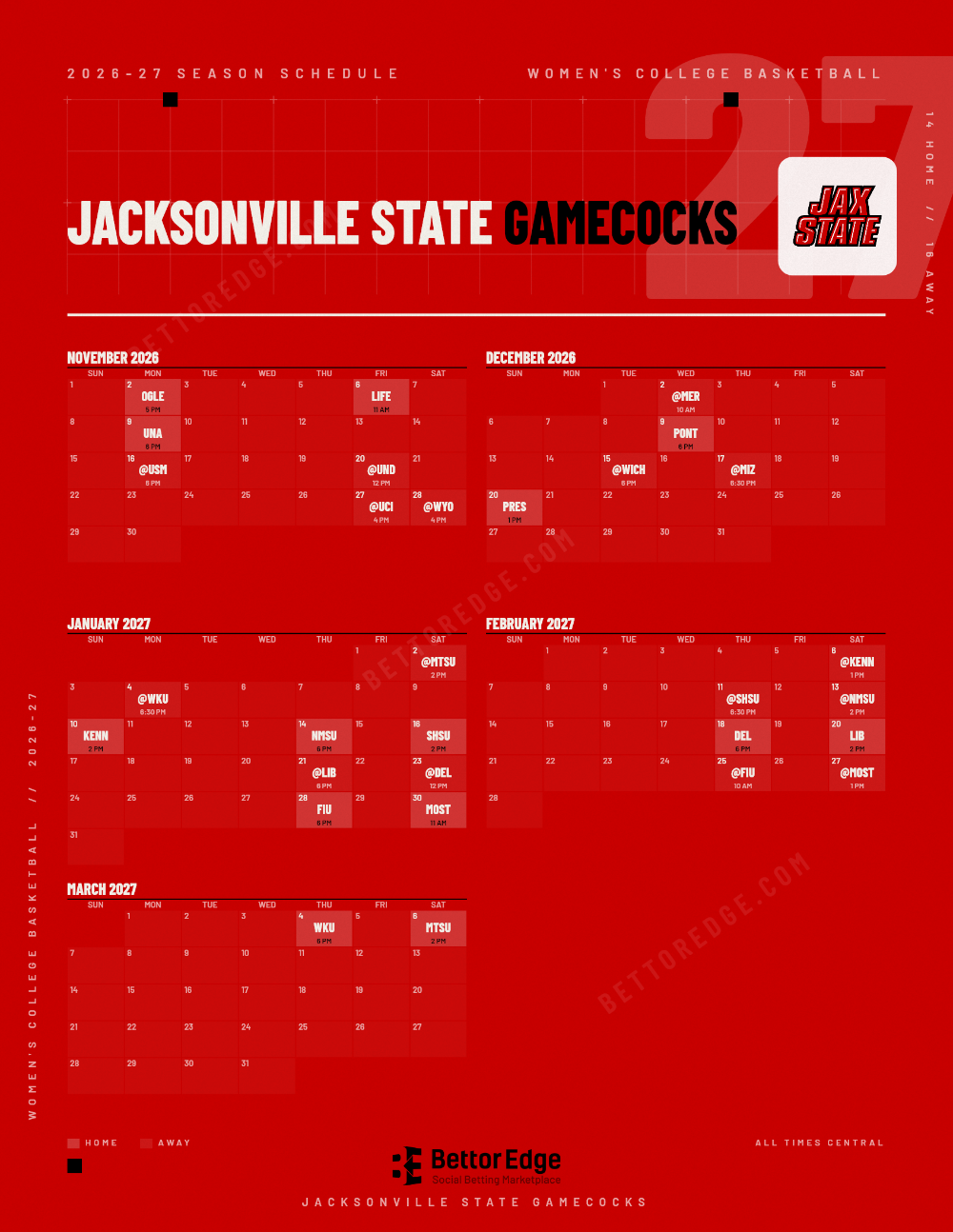 Jacksonville State Gamecocks 2026-27 women's basketball schedule, free printable, every game with start times and TV