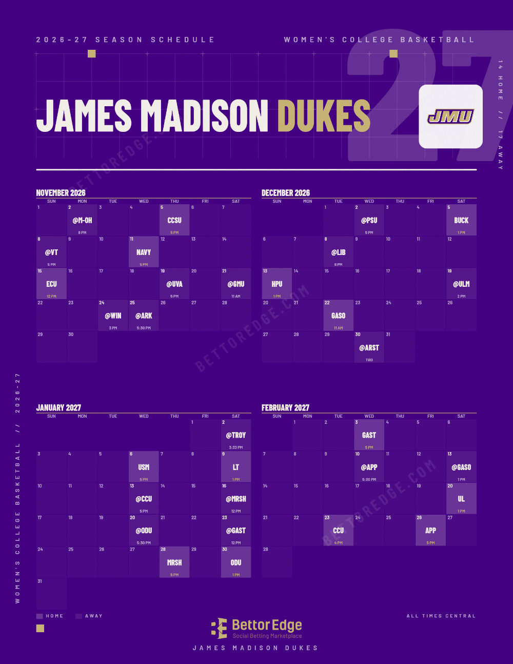 James Madison Dukes 2026-27 women's basketball schedule, free printable, every game with start times and TV