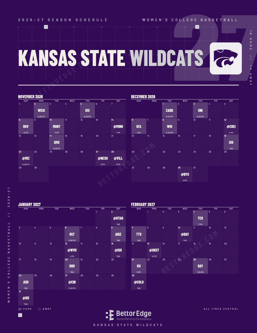 Kansas State Wildcats 2026-27 women's basketball schedule, free printable, every game with start times and TV