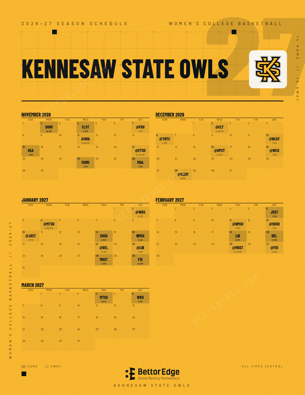 Kennesaw State Owls 2026-27 women's basketball schedule, free printable, every game with start times and TV
