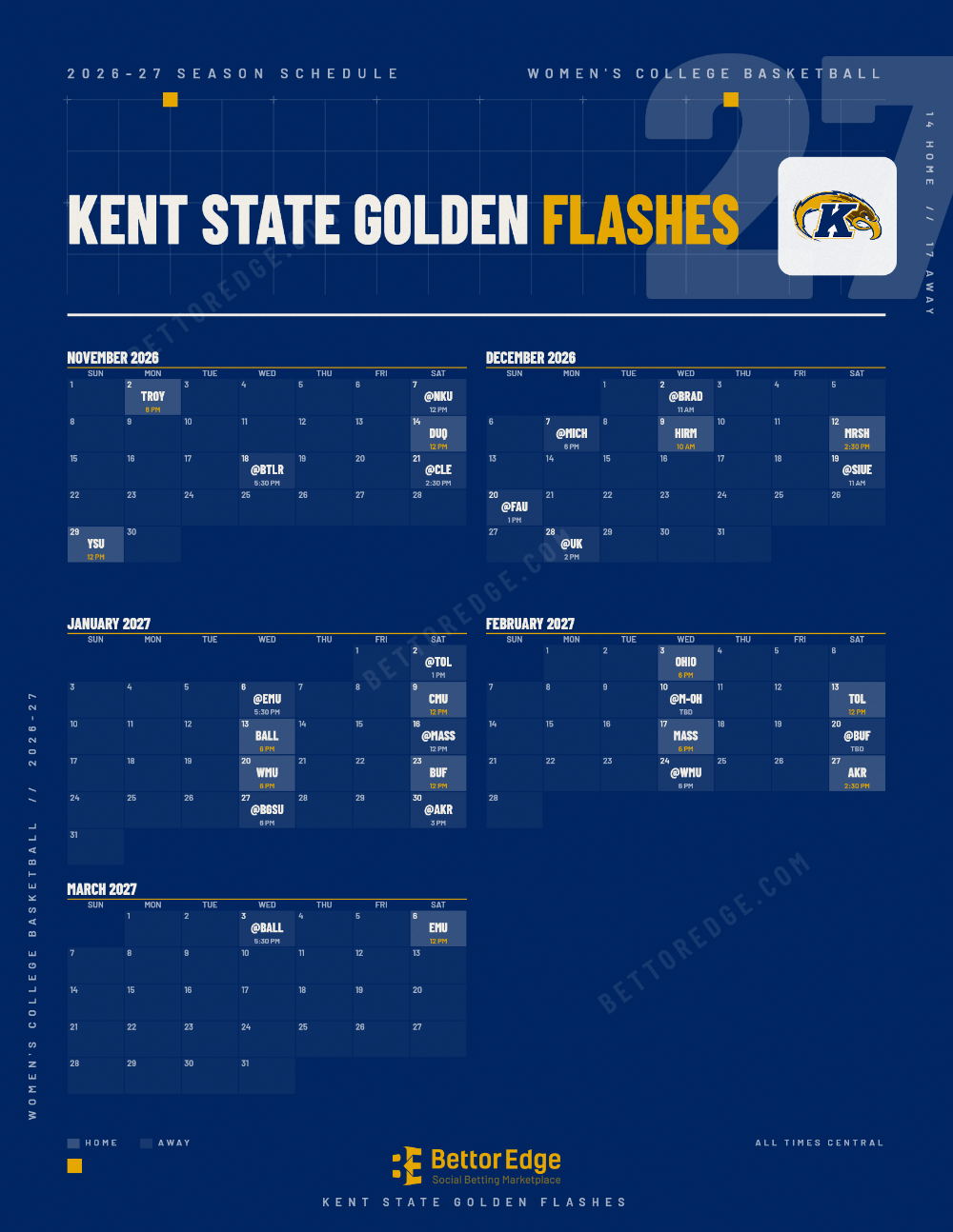 Kent State Golden Flashes 2026-27 women's basketball schedule, free printable, every game with start times and TV