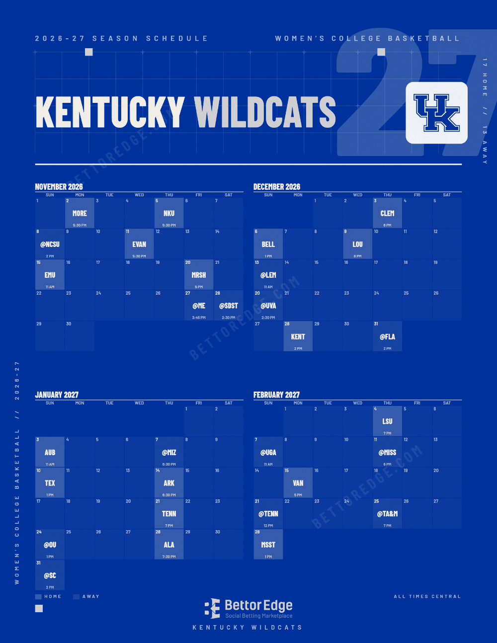 Kentucky Wildcats 2026-27 women's basketball schedule, free printable, every game with start times and TV