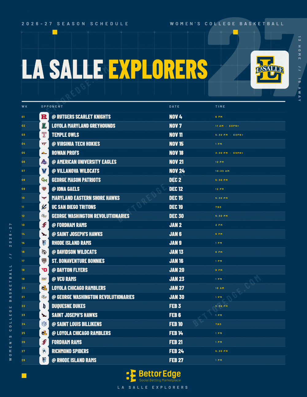 La Salle Explorers 2026-27 women's basketball schedule, free printable, every game with start times and TV