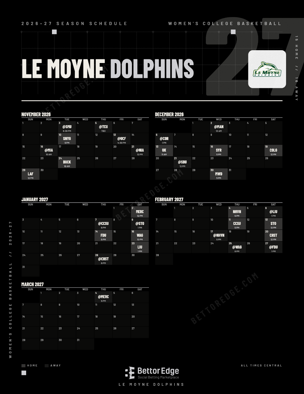 Le Moyne Dolphins 2026-27 women's basketball schedule, free printable, every game with start times and TV