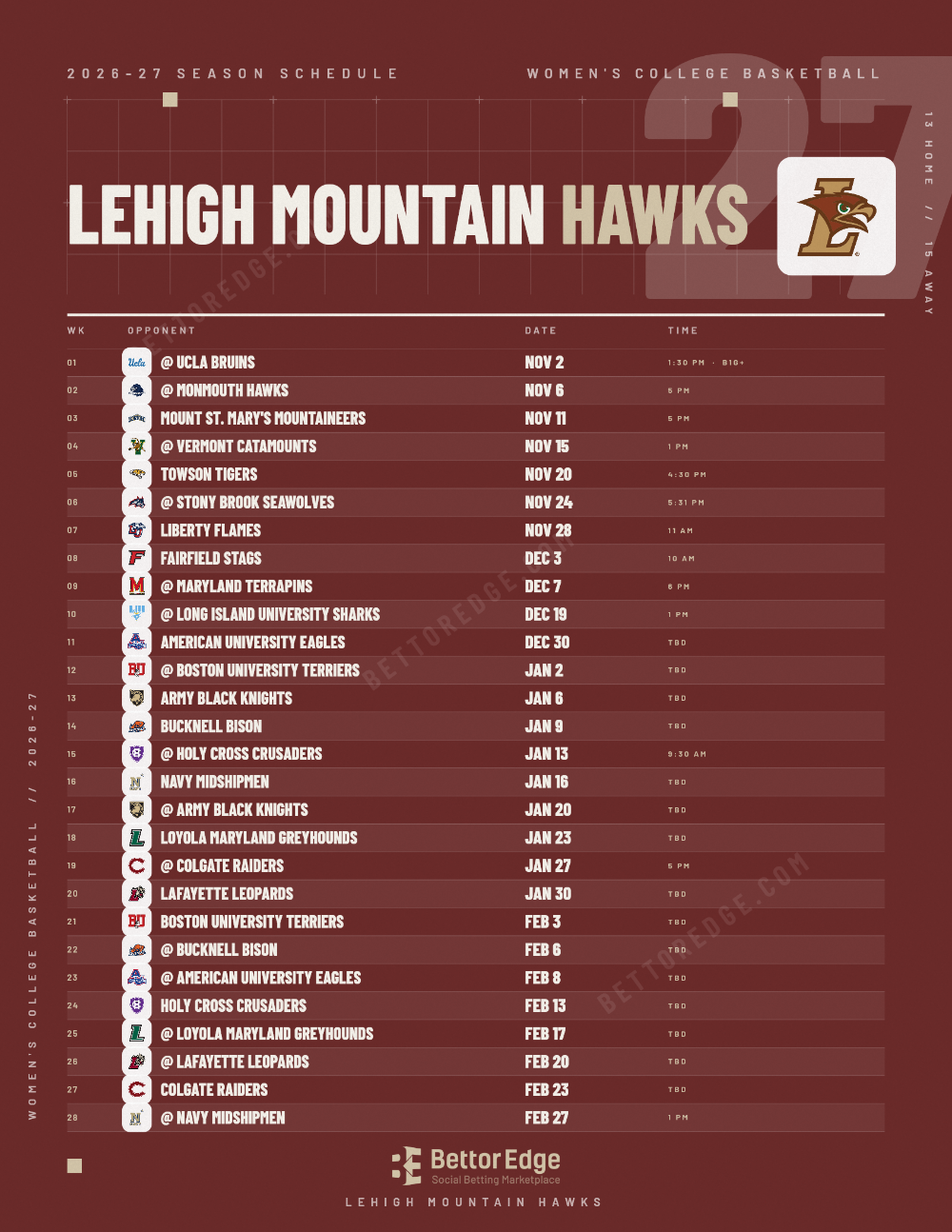 Lehigh Mountain Hawks 2026-27 women's basketball schedule, free printable, every game with start times and TV