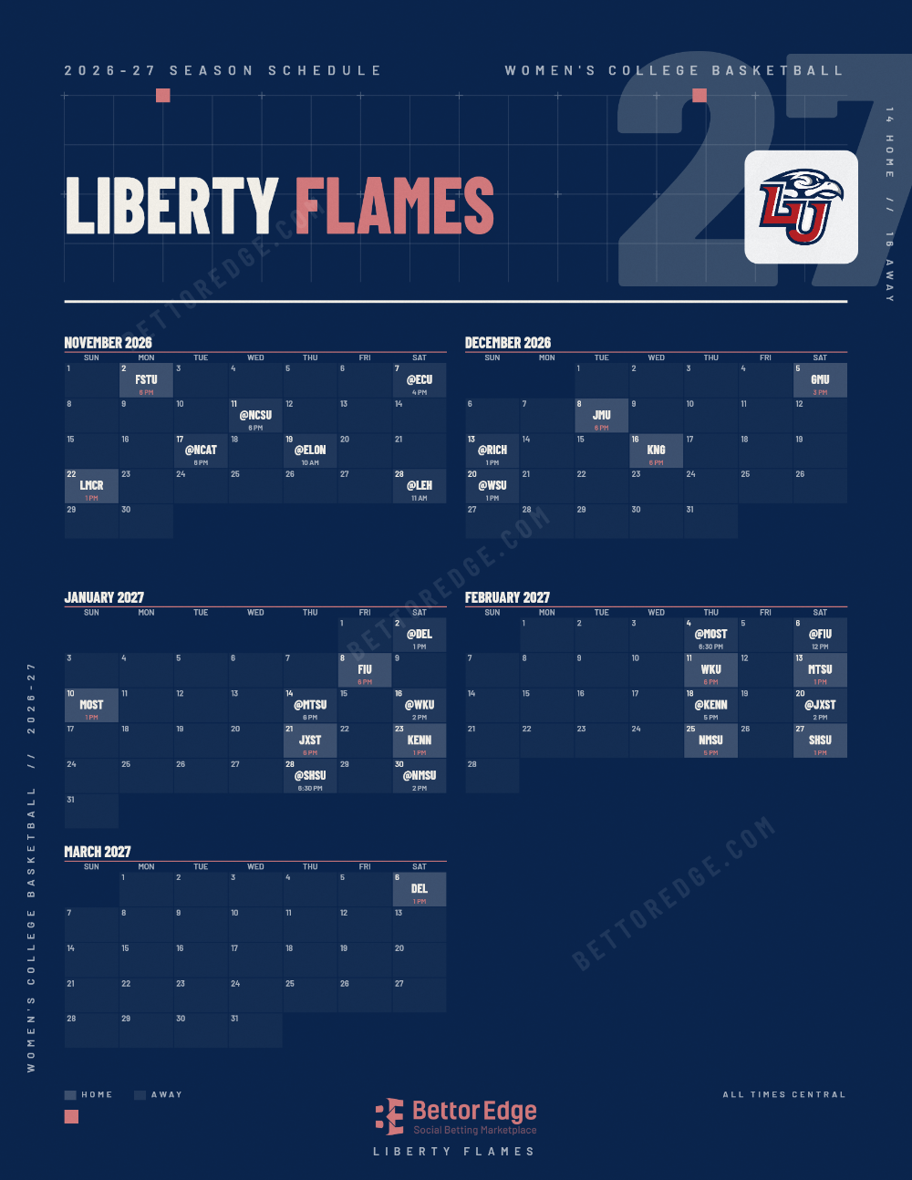 Liberty Flames 2026-27 women's basketball schedule, free printable, every game with start times and TV