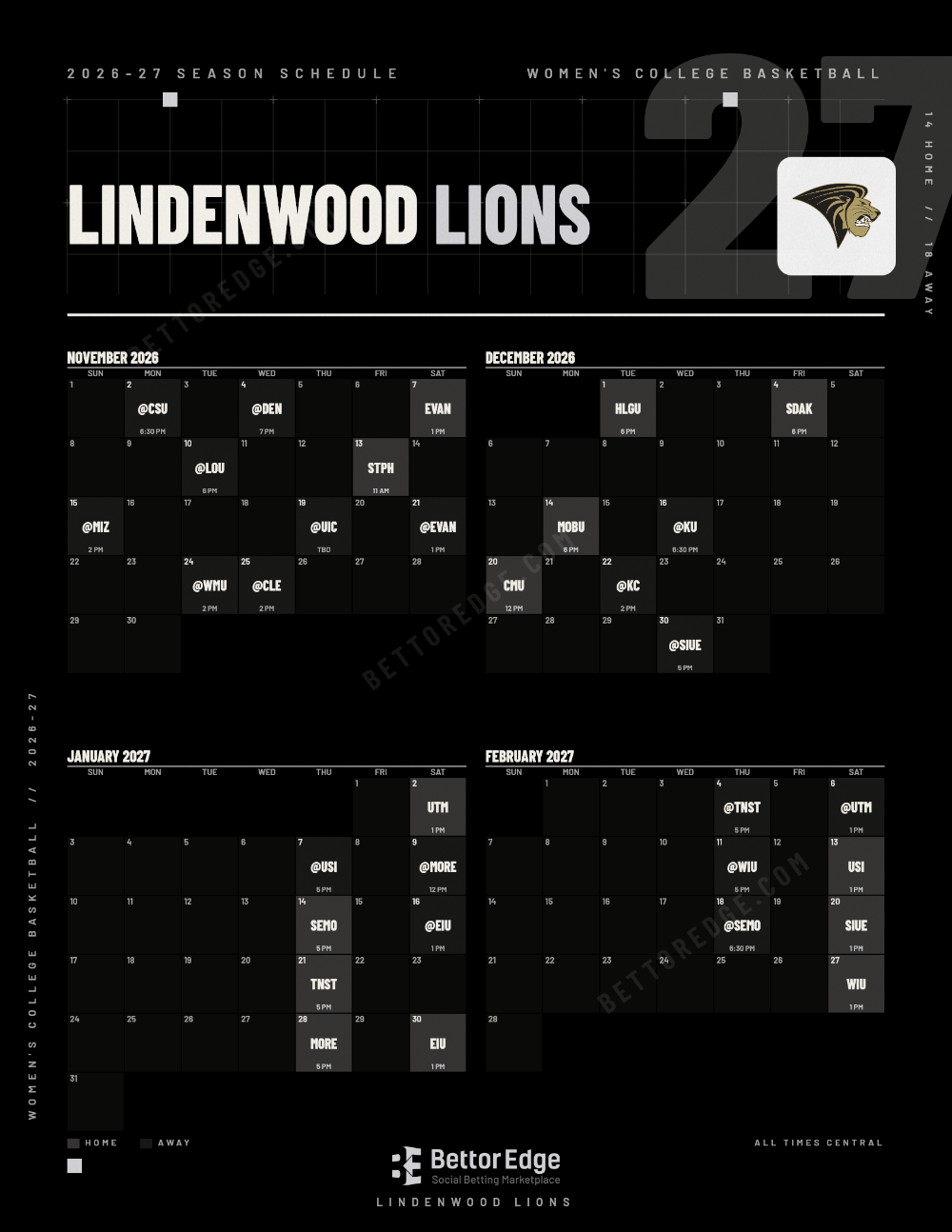 Lindenwood Lions 2026-27 women's basketball schedule, free printable, every game with start times and TV