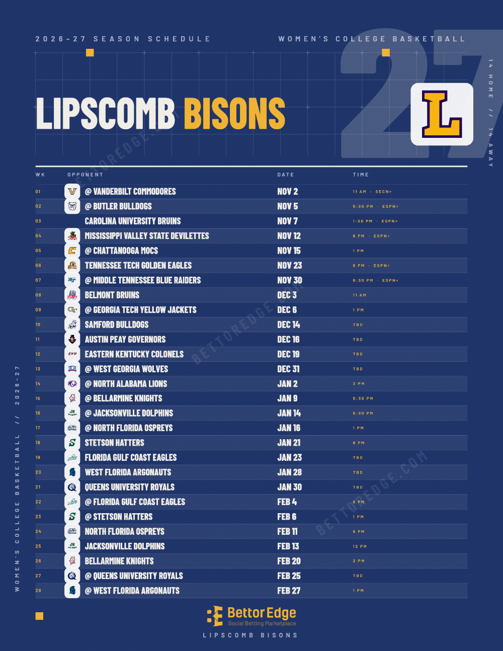 Lipscomb Bisons 2026-27 women's basketball schedule, free printable, every game with start times and TV