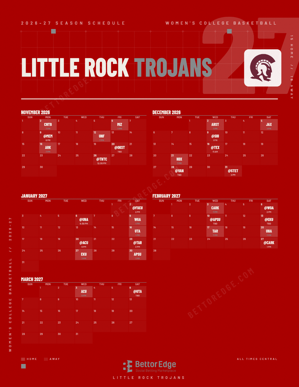 Little Rock Trojans 2026-27 women's basketball schedule, free printable, every game with start times and TV