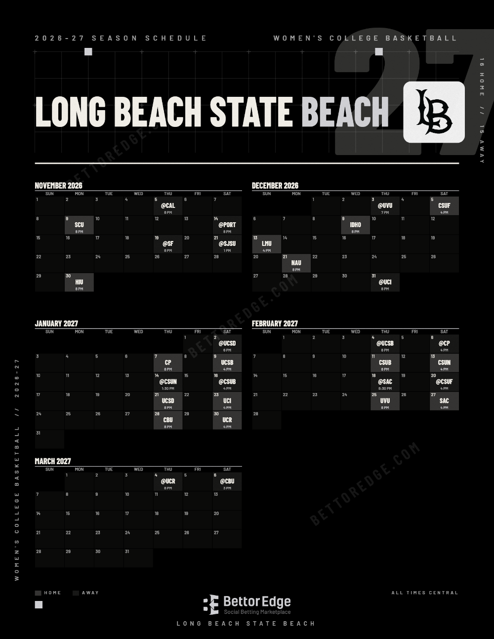 Long Beach State Beach 2026-27 women's basketball schedule, free printable, every game with start times and TV