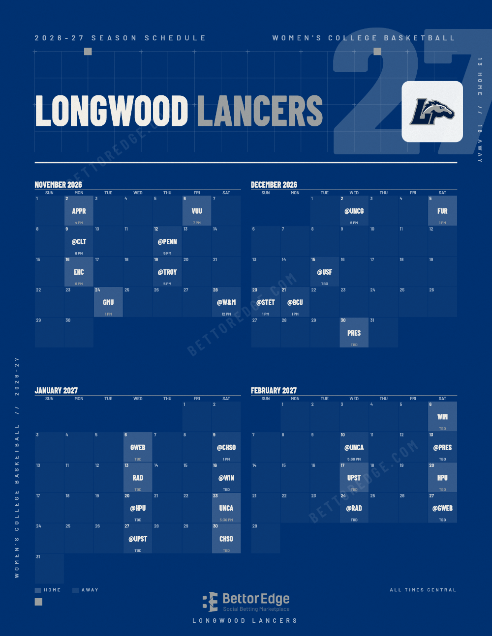Longwood Lancers 2026-27 women's basketball schedule, free printable, every game with start times and TV