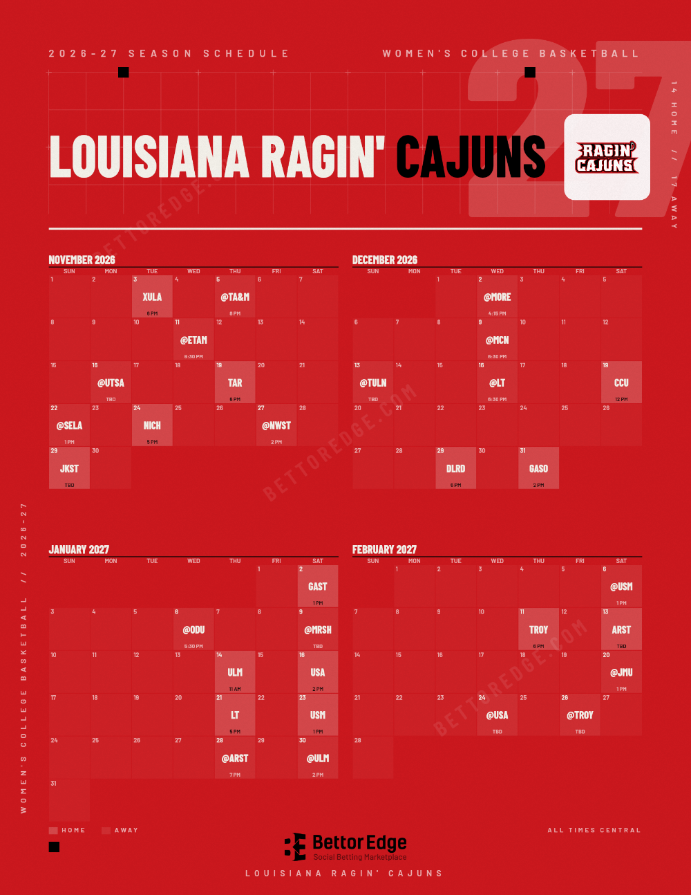 Louisiana Ragin' Cajuns 2026-27 women's basketball schedule, free printable, every game with start times and TV