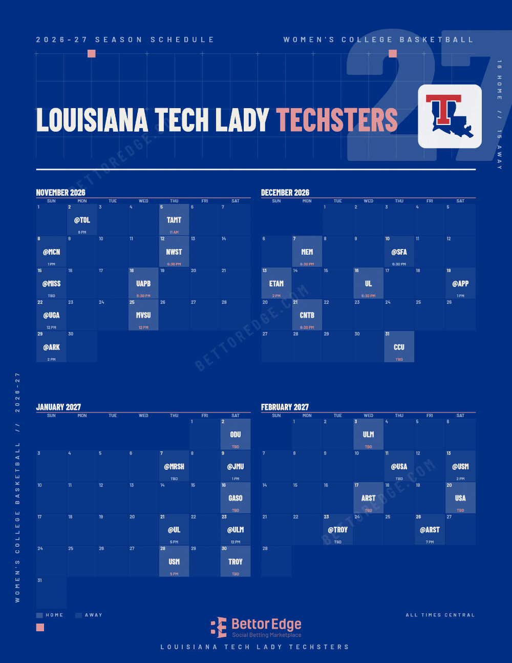 Louisiana Tech Lady Techsters 2026-27 women's basketball schedule, free printable, every game with start times and TV
