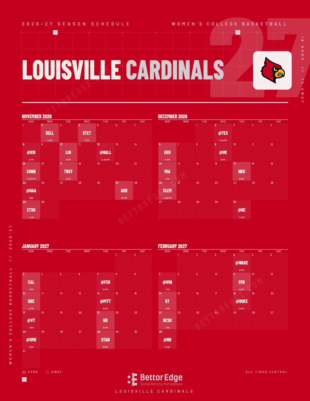 Louisville Cardinals 2026-27 women's basketball schedule, free printable, every game with start times and TV