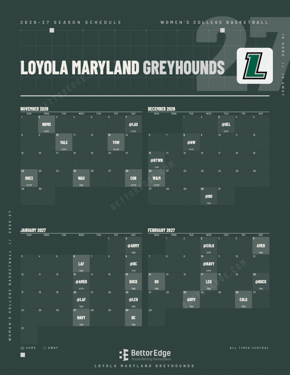 Loyola Maryland Greyhounds 2026-27 women's basketball schedule, free printable, every game with start times and TV