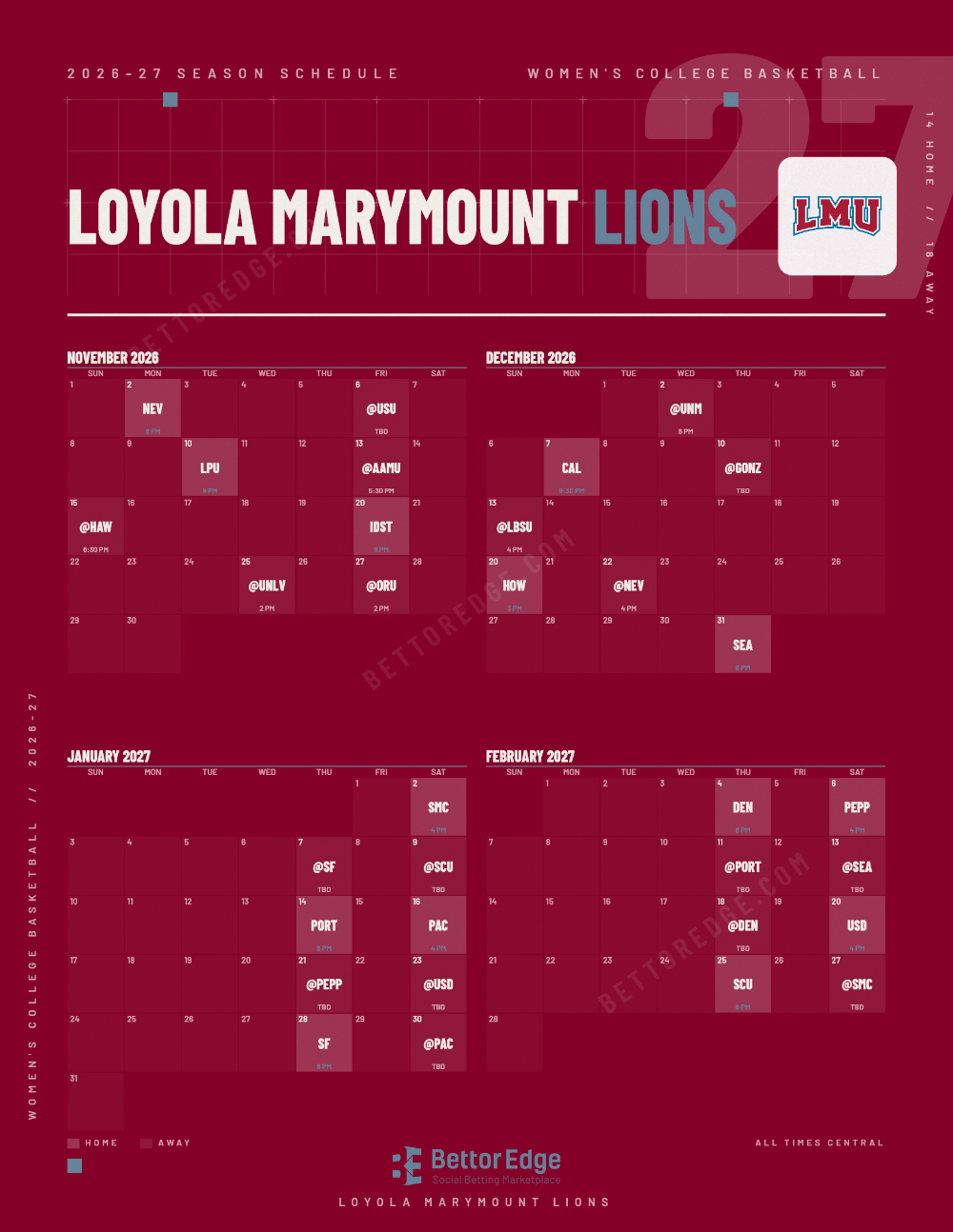 Loyola Marymount Lions 2026-27 women's basketball schedule, free printable, every game with start times and TV