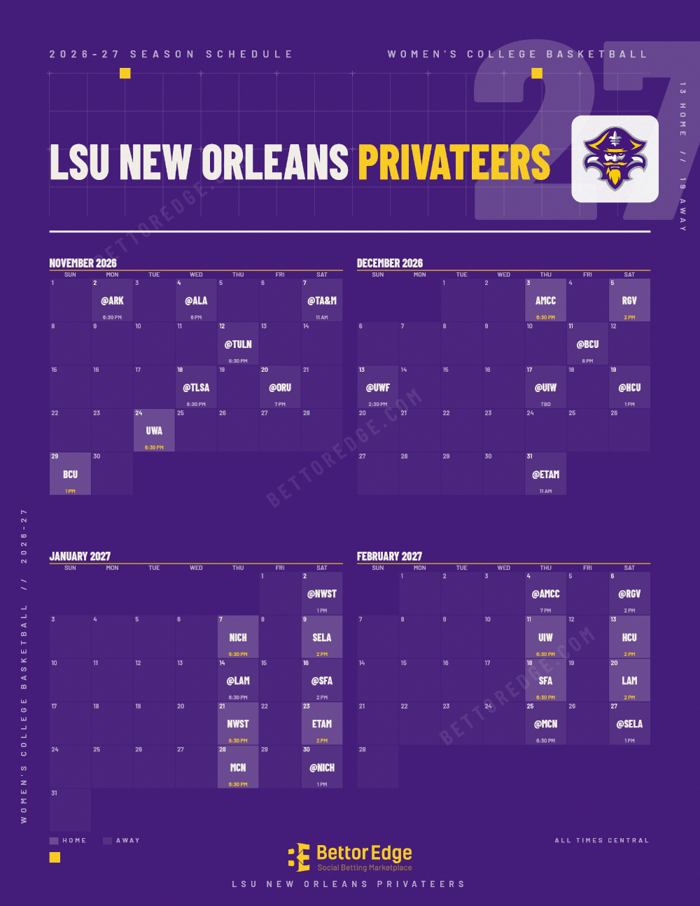 LSU New Orleans Privateers 2026-27 women's basketball schedule, free printable, every game with start times and TV