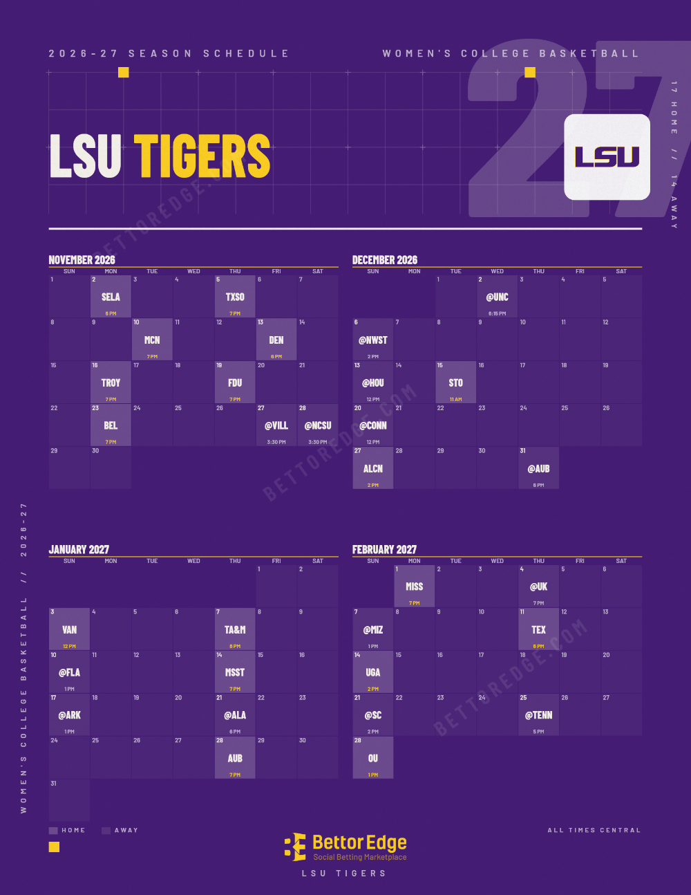 LSU Tigers 2026-27 women's basketball schedule, free printable, every game with start times and TV