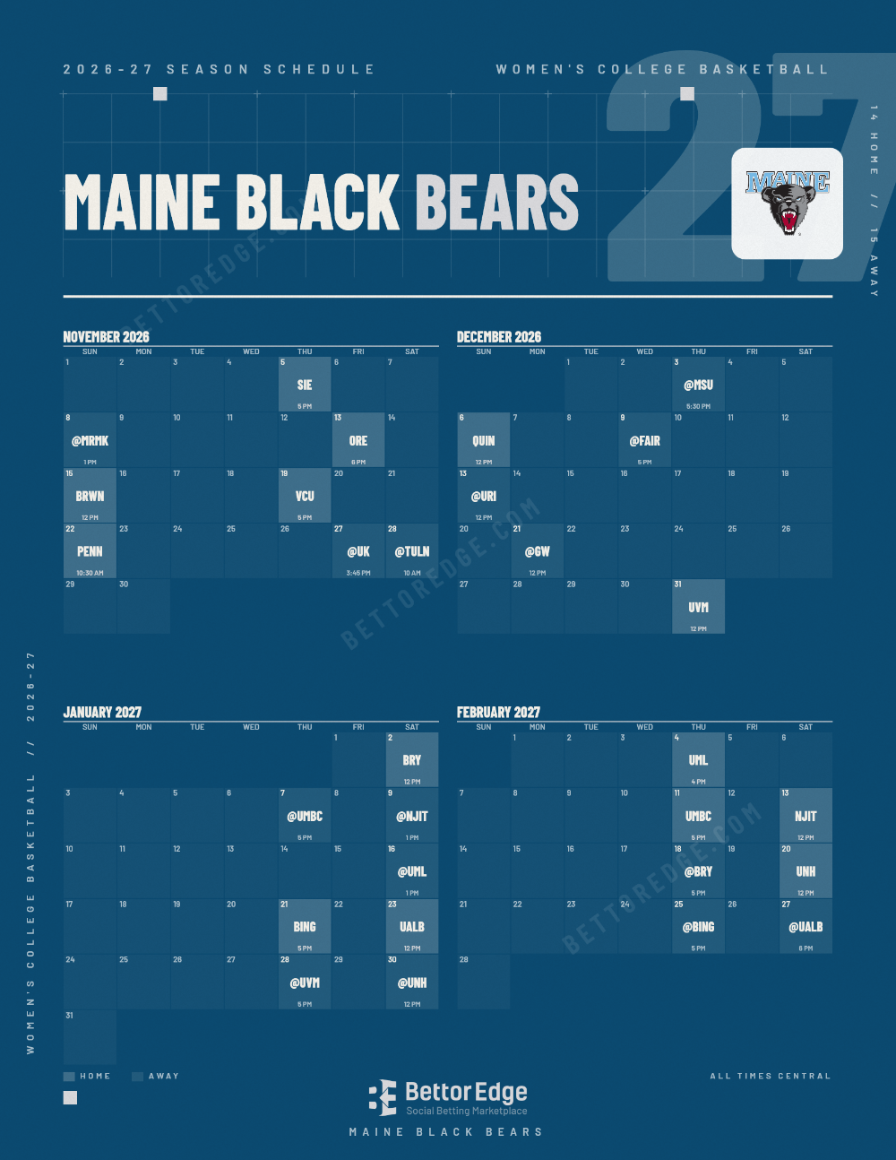 Maine Black Bears 2026-27 women's basketball schedule, free printable, every game with start times and TV