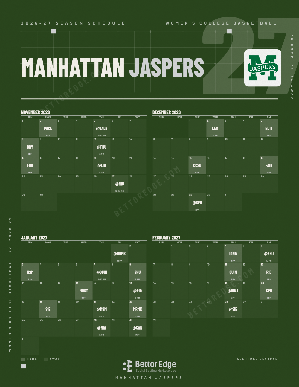 Manhattan Jaspers 2026-27 women's basketball schedule, free printable, every game with start times and TV