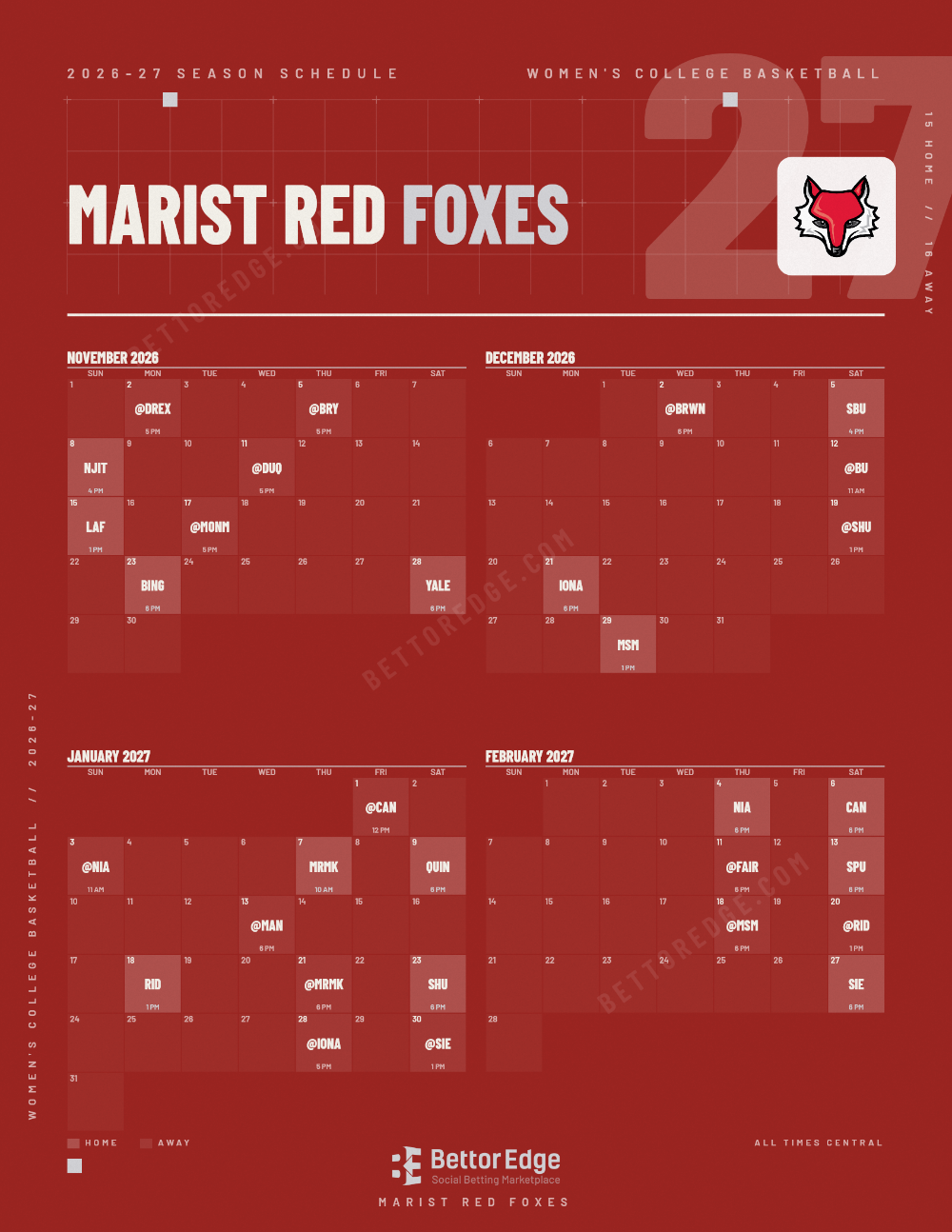 Marist Red Foxes 2026-27 women's basketball schedule, free printable, every game with start times and TV
