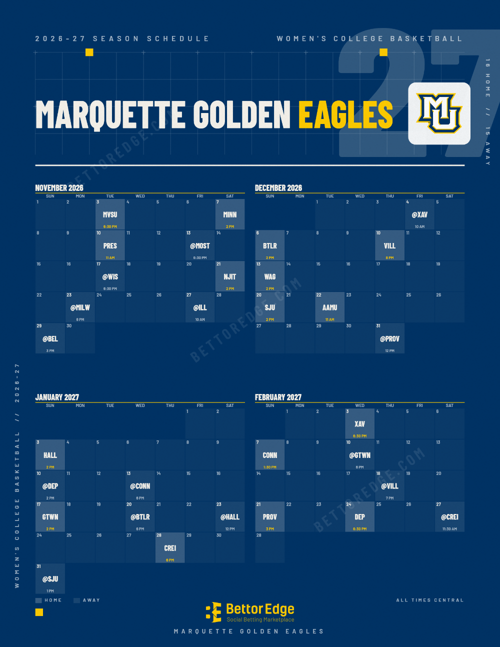 Marquette Golden Eagles 2026-27 women's basketball schedule, free printable, every game with start times and TV