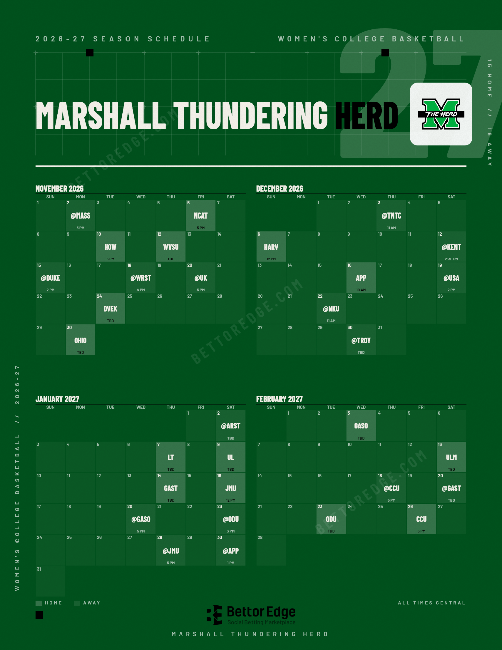 Marshall Thundering Herd 2026-27 women's basketball schedule, free printable, every game with start times and TV