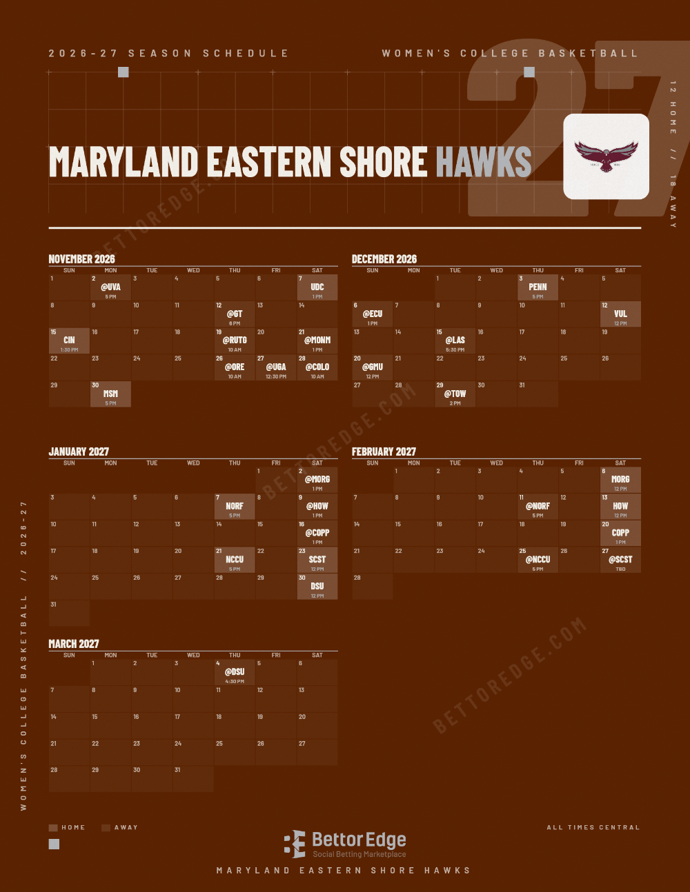Maryland Eastern Shore Hawks 2026-27 women's basketball schedule, free printable, every game with start times and TV