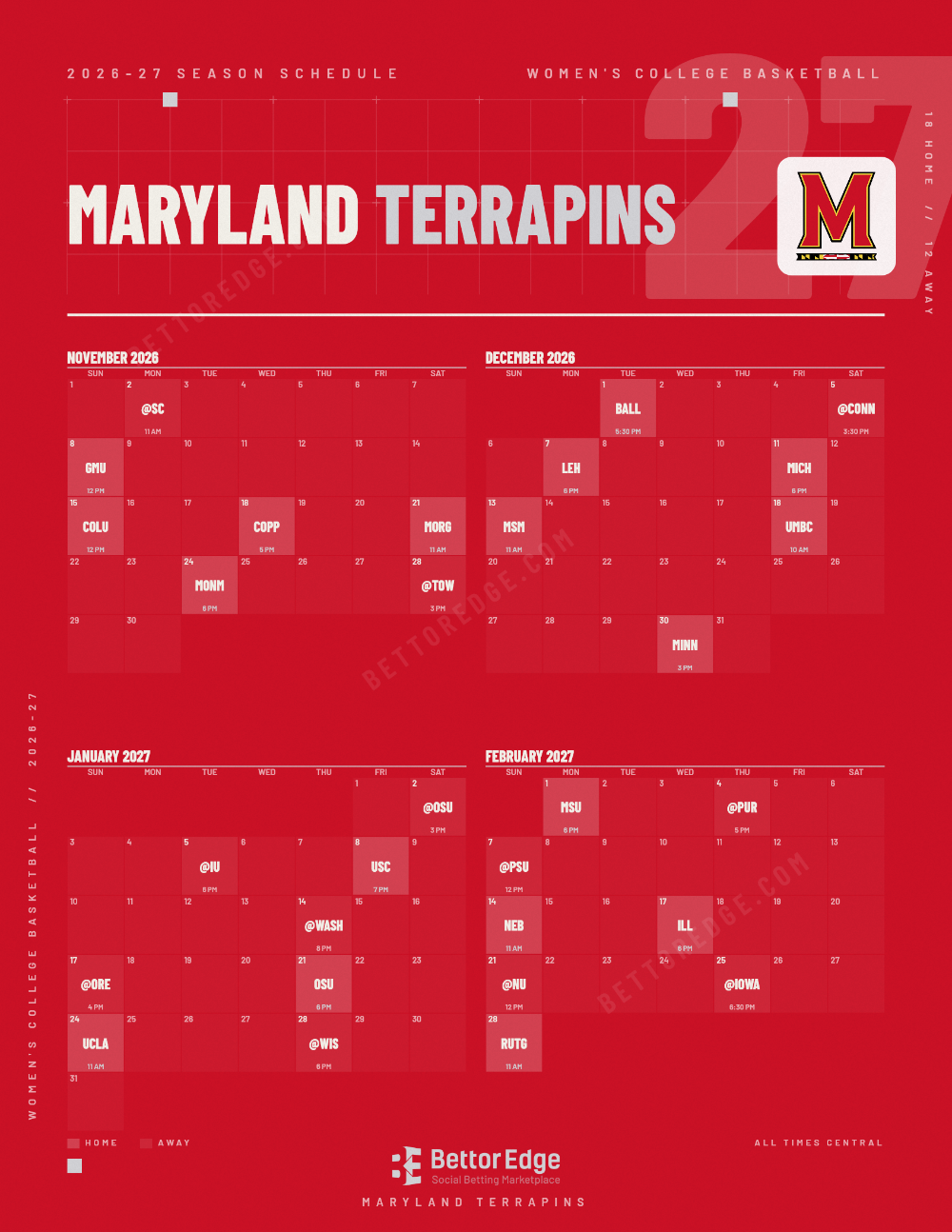 Maryland Terrapins 2026-27 women's basketball schedule, free printable, every game with start times and TV
