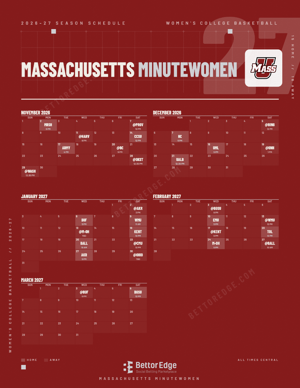 Massachusetts Minutewomen 2026-27 women's basketball schedule, free printable, every game with start times and TV